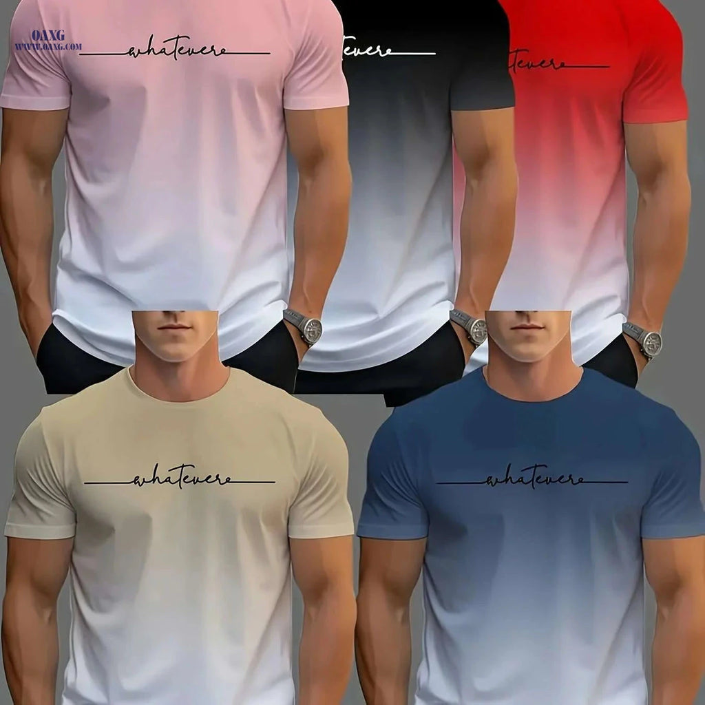 Set of 5 Men's Casual T-Shirts - Black, White, Red, Pink, Beige   OAXG 