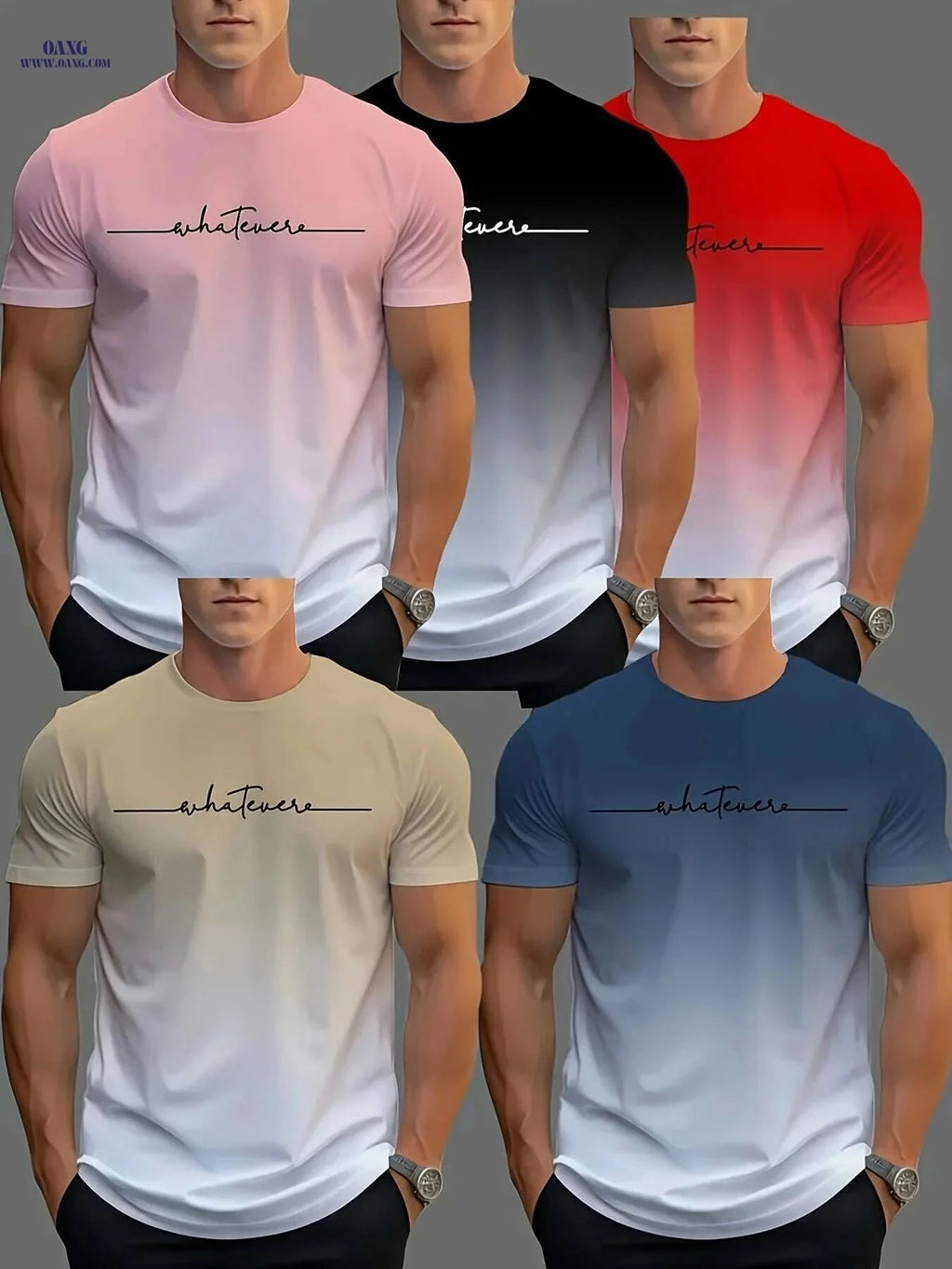 Set of 5 Men's Casual T-Shirts - Black, White, Red, Pink, Beige   OAXG Mixed Color / S