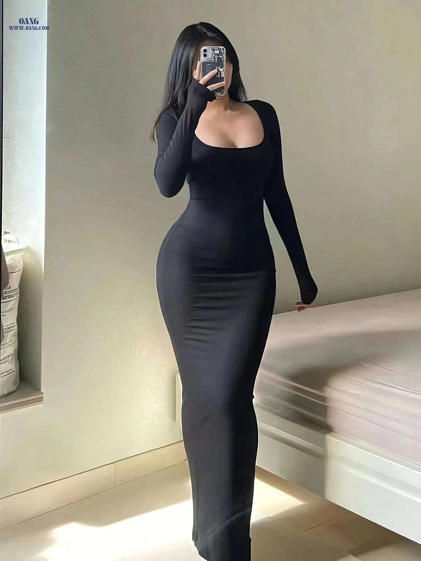 Sexy Autumn Dress - Ultra-Long A-Line Fit, Long Sleeves, Square Neck   OAXG 