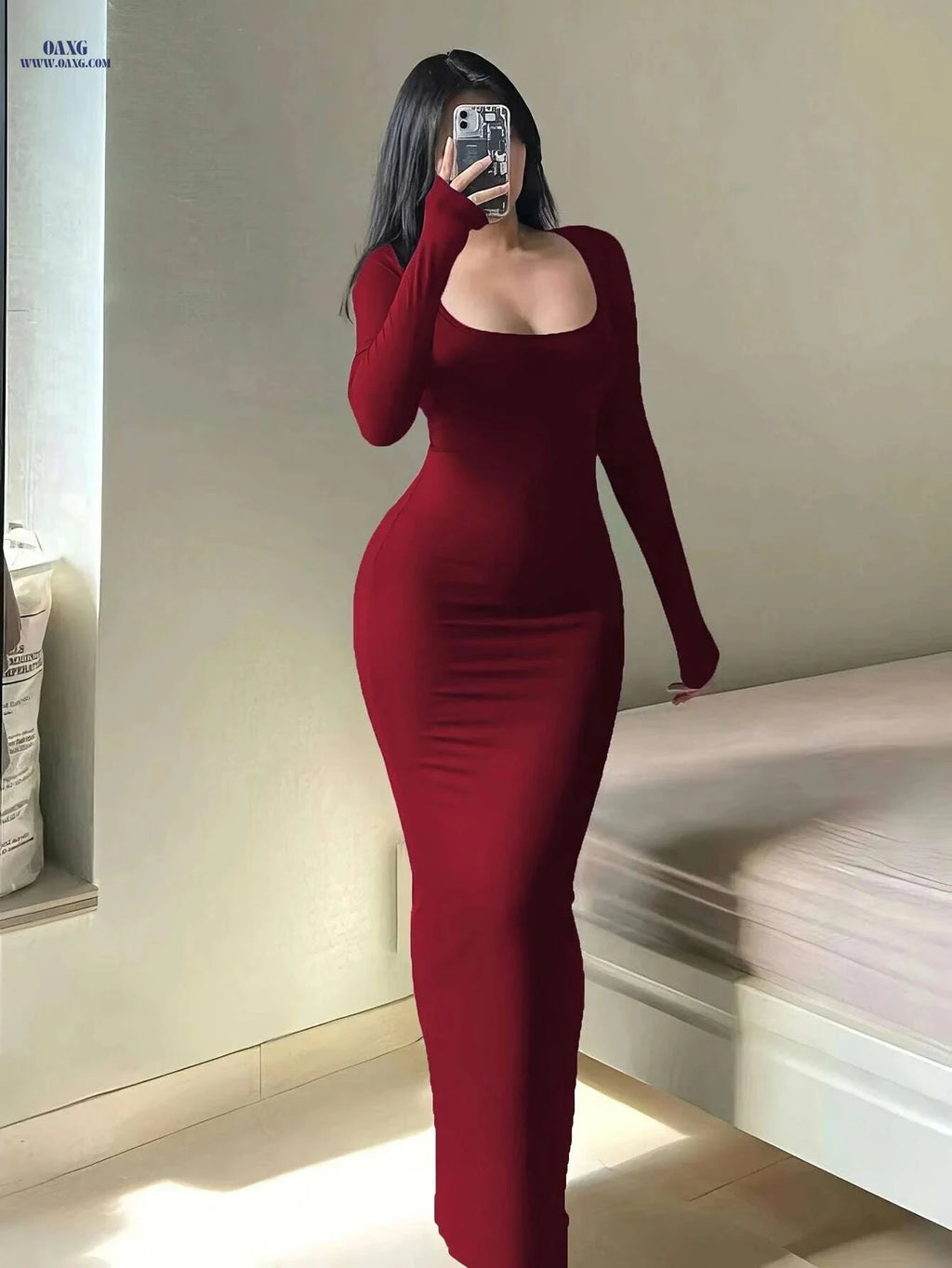 Sexy Autumn Dress - Ultra-Long A-Line Fit, Long Sleeves, Square Neck   OAXG crimson / S