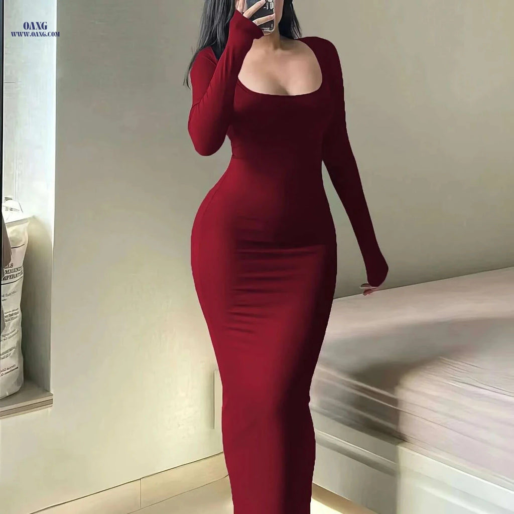 Sexy Autumn Dress - Ultra-Long A-Line Fit, Long Sleeves, Square Neck   OAXG crimson / S