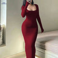 Sexy Autumn Dress - Ultra-Long A-Line Fit, Long Sleeves, Square Neck   OAXG crimson / S
