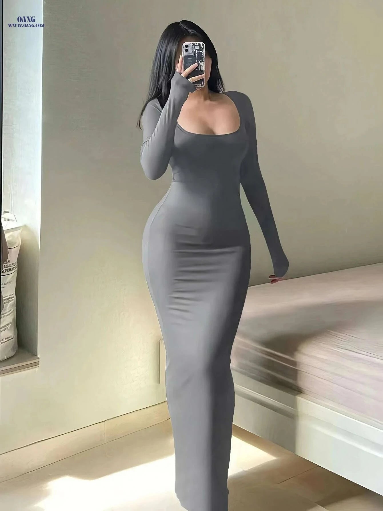 Sexy Autumn Dress - Ultra-Long A-Line Fit, Long Sleeves, Square Neck   OAXG crimson / S