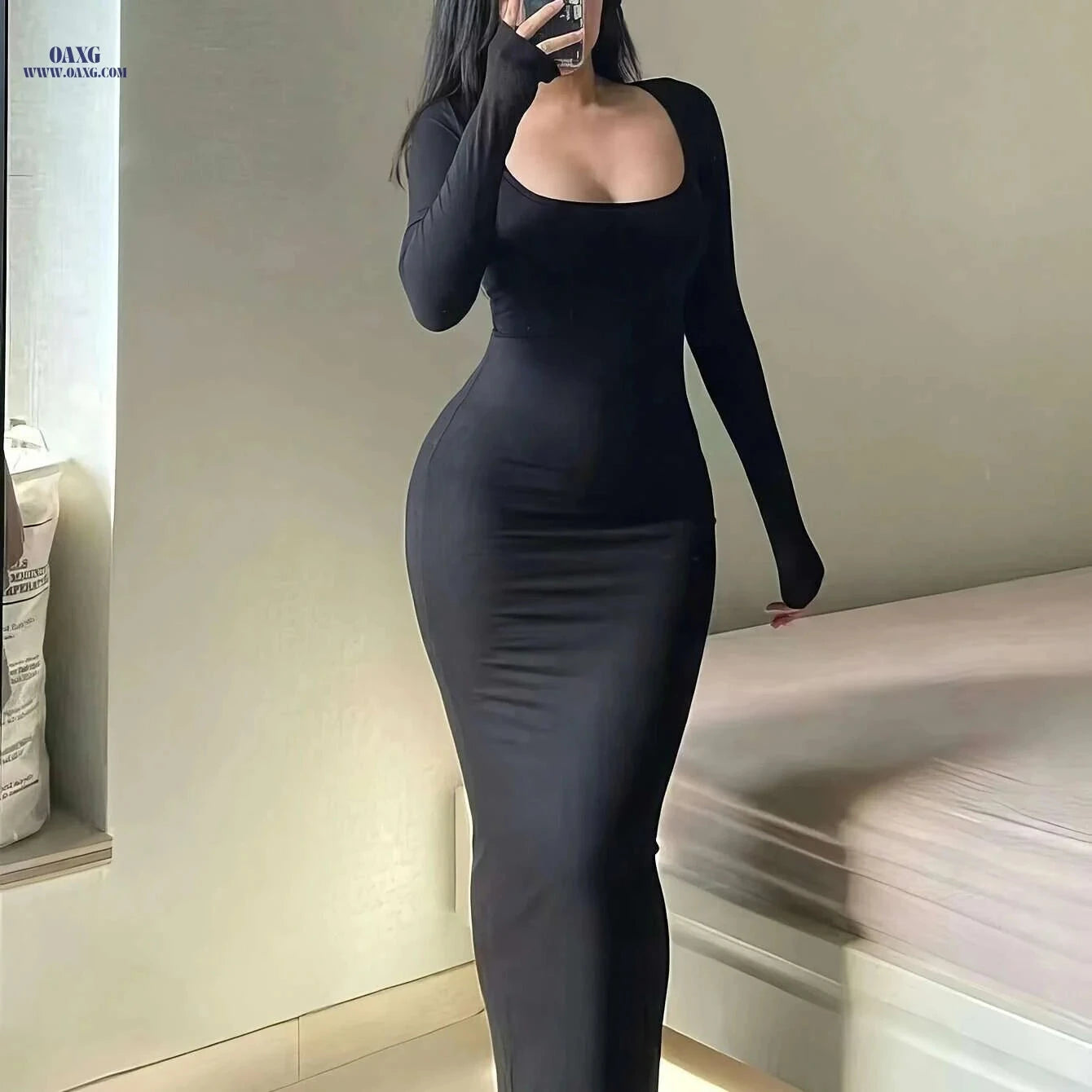 Sexy Autumn Dress - Ultra-Long A-Line Fit, Long Sleeves, Square Neck   OAXG 