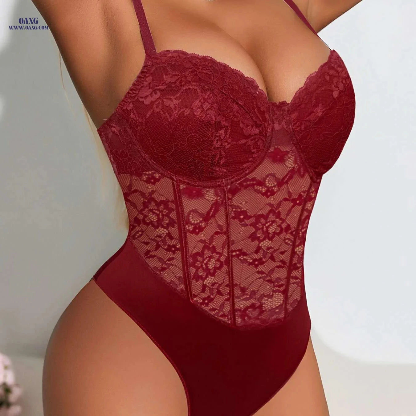 Sexy Black Lace Corset Bodysuit - V-Neck, Elegant Form-Fitting Design   OAXG 