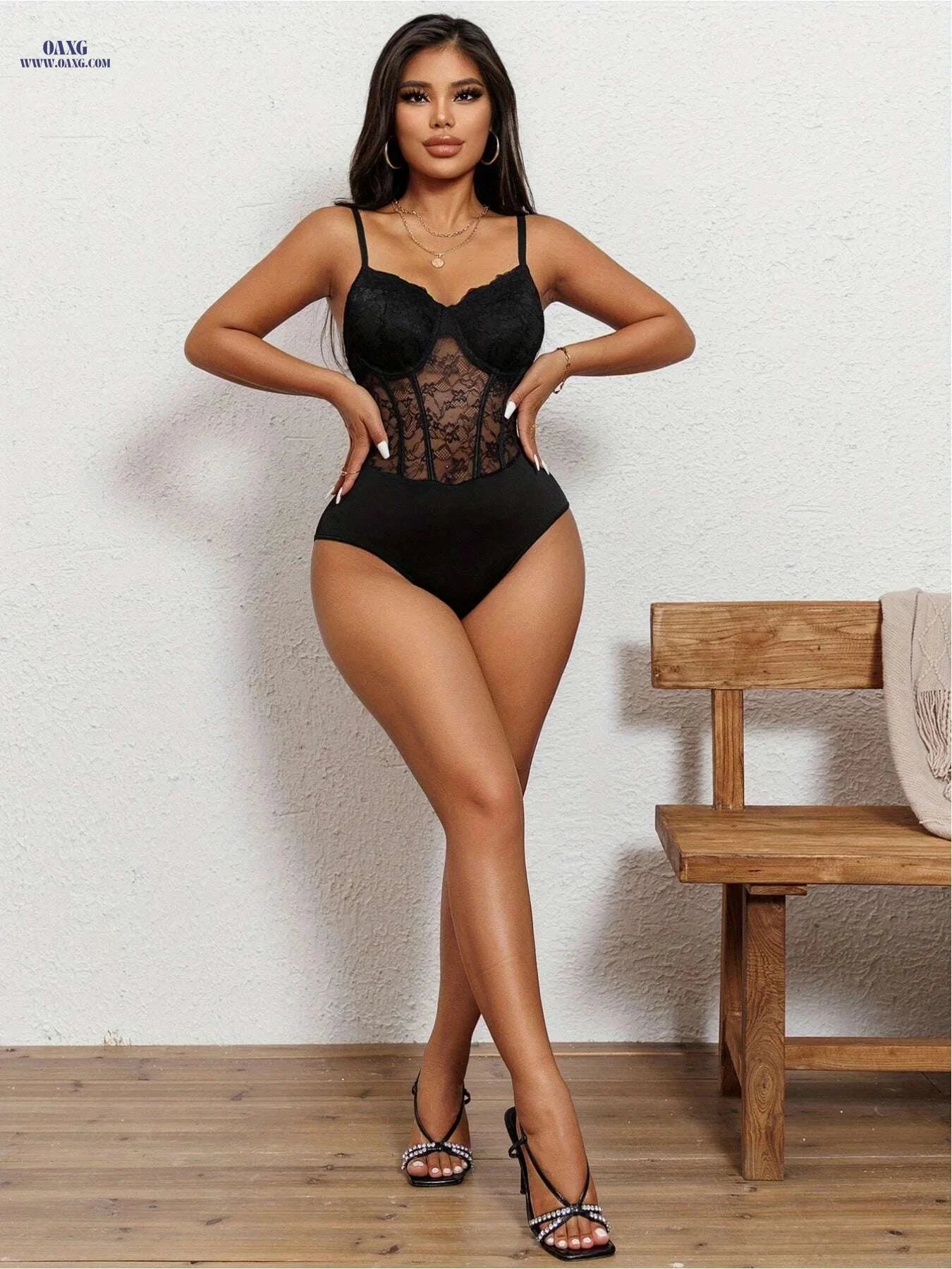 Sexy Black Lace Corset Bodysuit - V-Neck, Elegant Form-Fitting Design   OAXG 