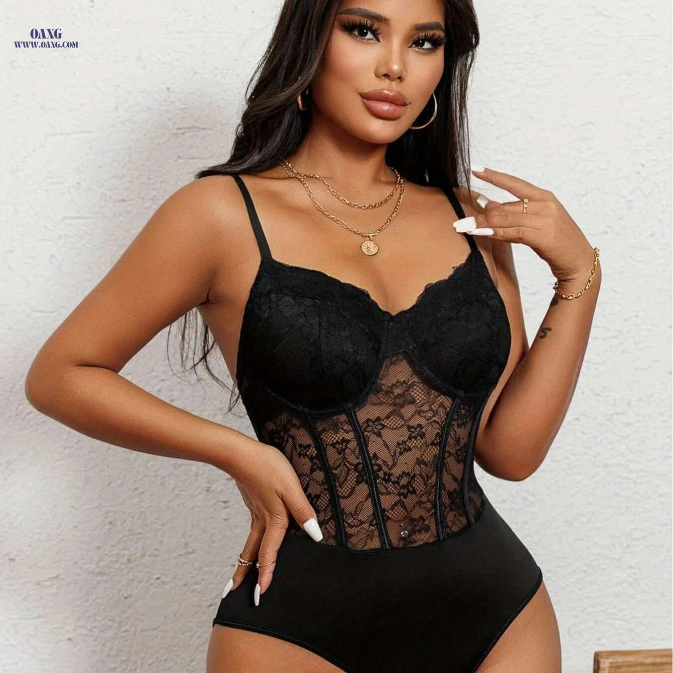 Sexy Black Lace Corset Bodysuit - V-Neck, Elegant Form-Fitting Design   OAXG 