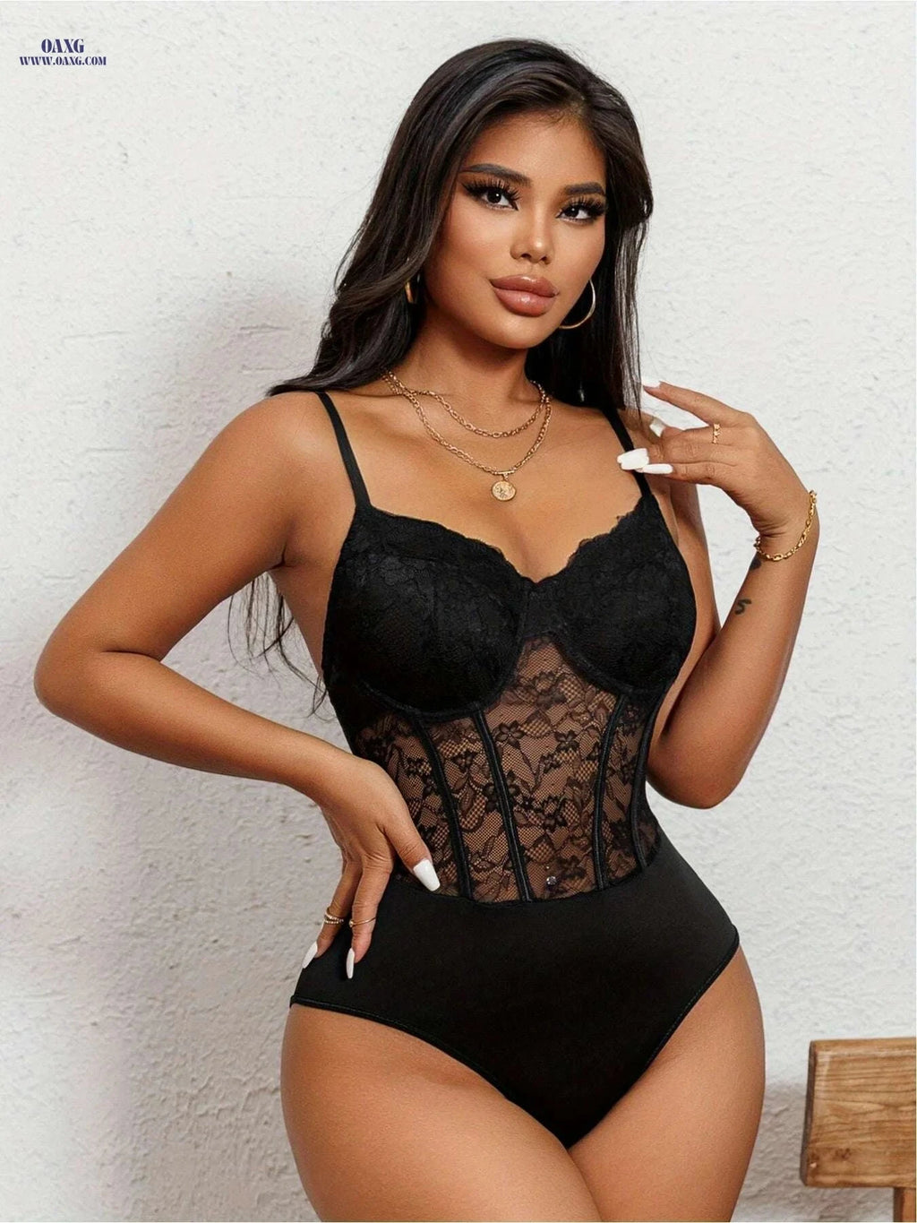 Sexy Black Lace Corset Bodysuit - V-Neck, Elegant Form-Fitting Design   OAXG crimson / XS