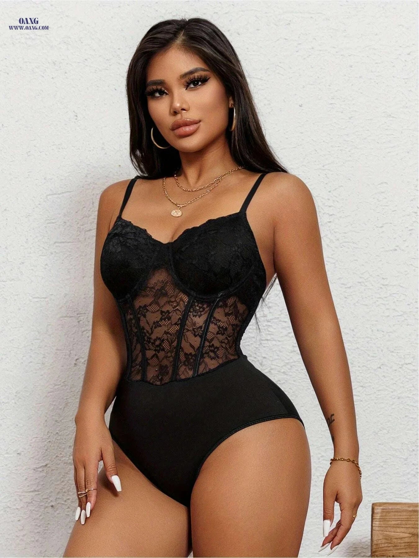 Sexy Black Lace Corset Bodysuit - V-Neck, Elegant Form-Fitting Design   OAXG crimson / XS