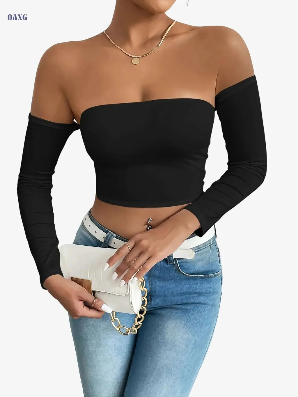 Sexy Corset Long-Sleeve Tank Top - High Stretch & Off-The-Shoulder   OAXG Black / XS