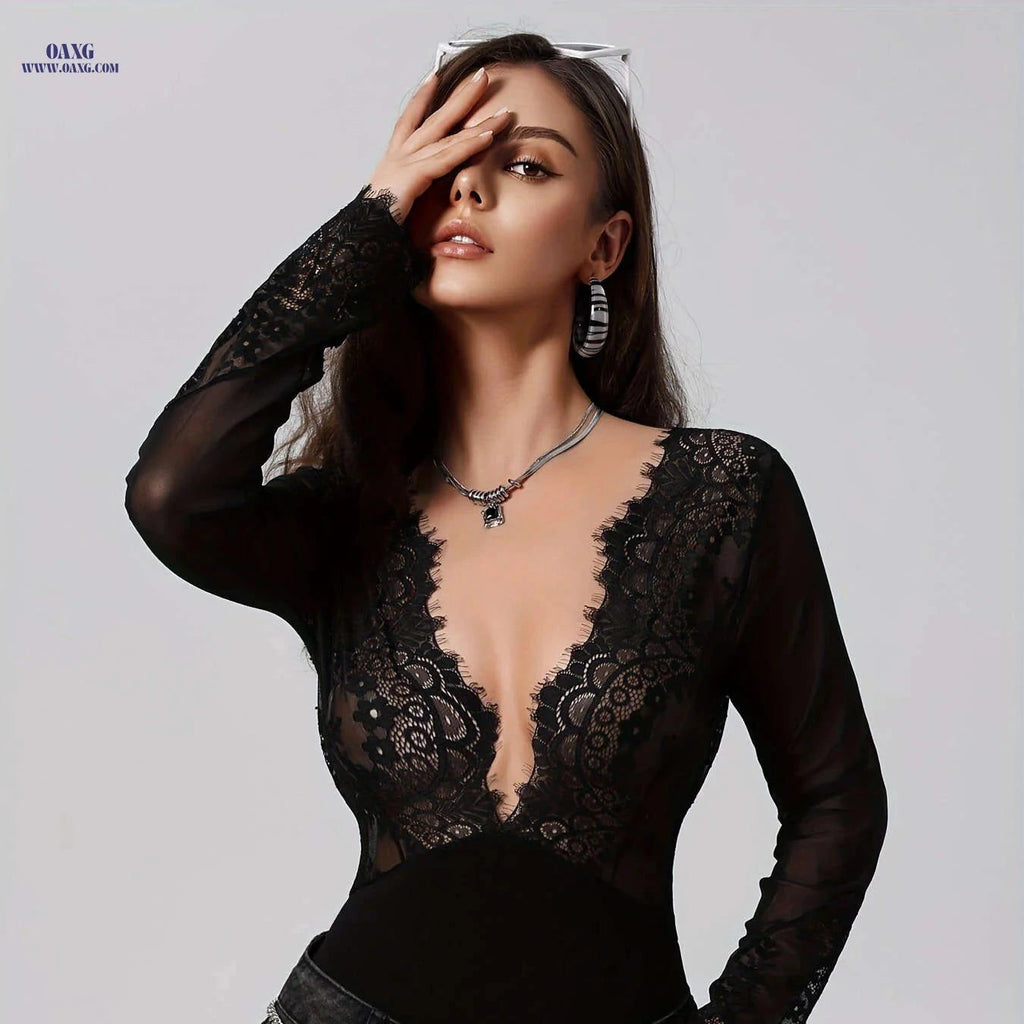 Sexy Deep V Bodycon Jumpsuit for Women - Chic Long Sleeve Design   OAXG Black / S