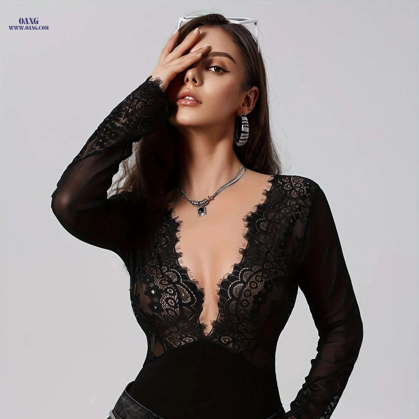 Sexy Deep V Bodycon Jumpsuit for Women - Chic Long Sleeve Design   OAXG Black / S