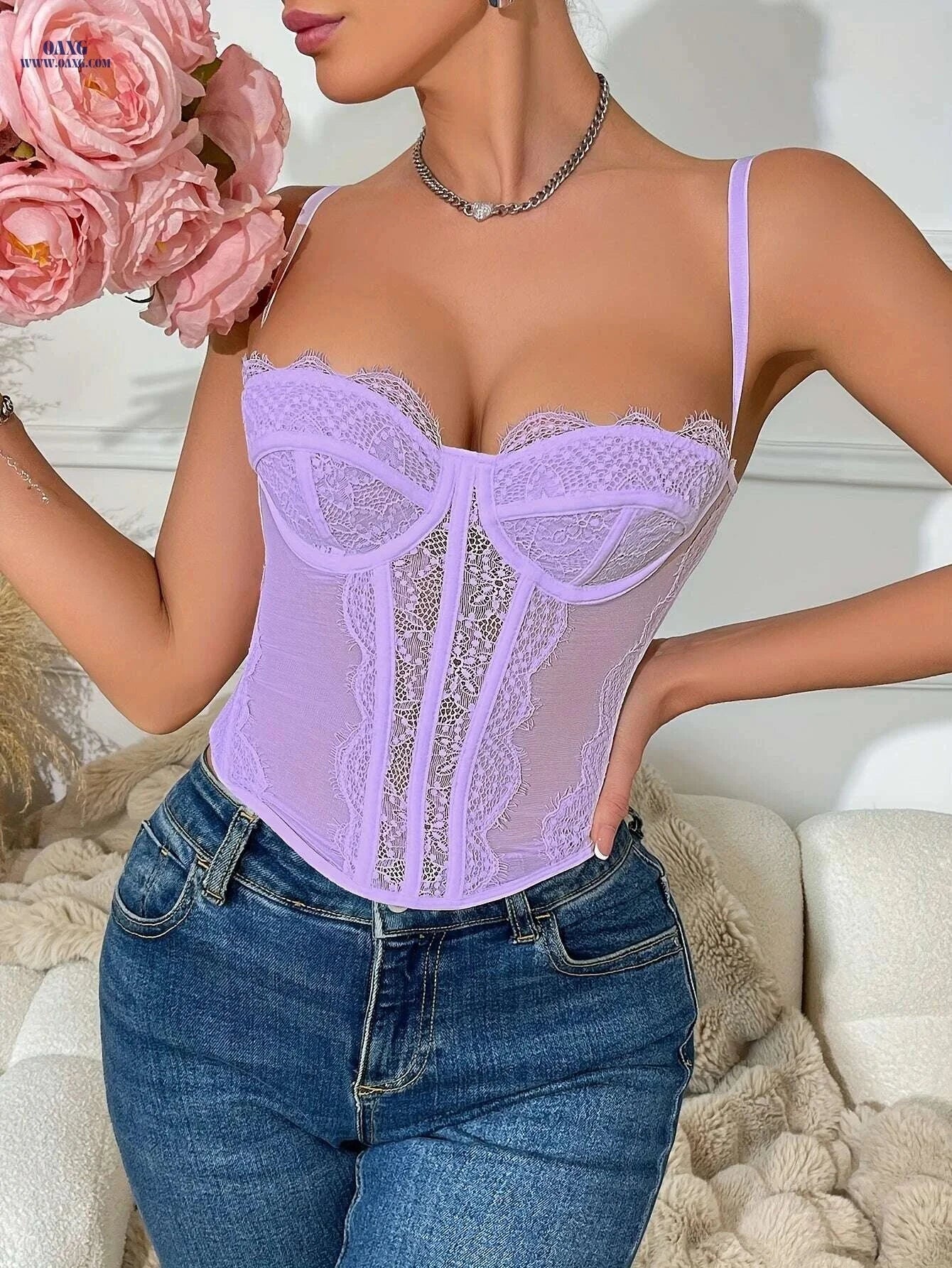 Sexy Fitted Corsets with Lace Trim - Elegant Body-Shaping Lingerie   OAXG Light Purple / XS