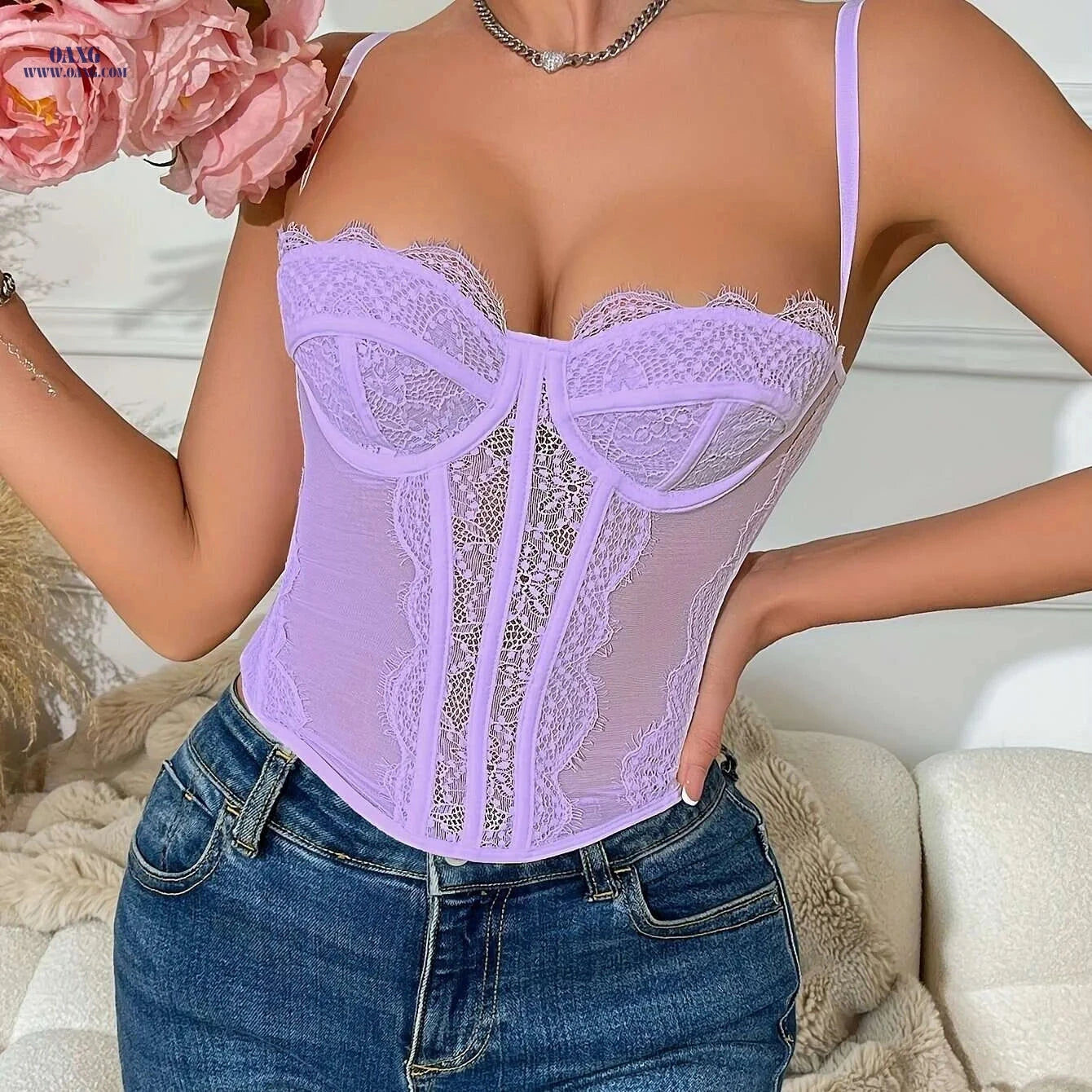 Sexy Fitted Corsets with Lace Trim - Elegant Body-Shaping Lingerie   OAXG Light Purple / XS