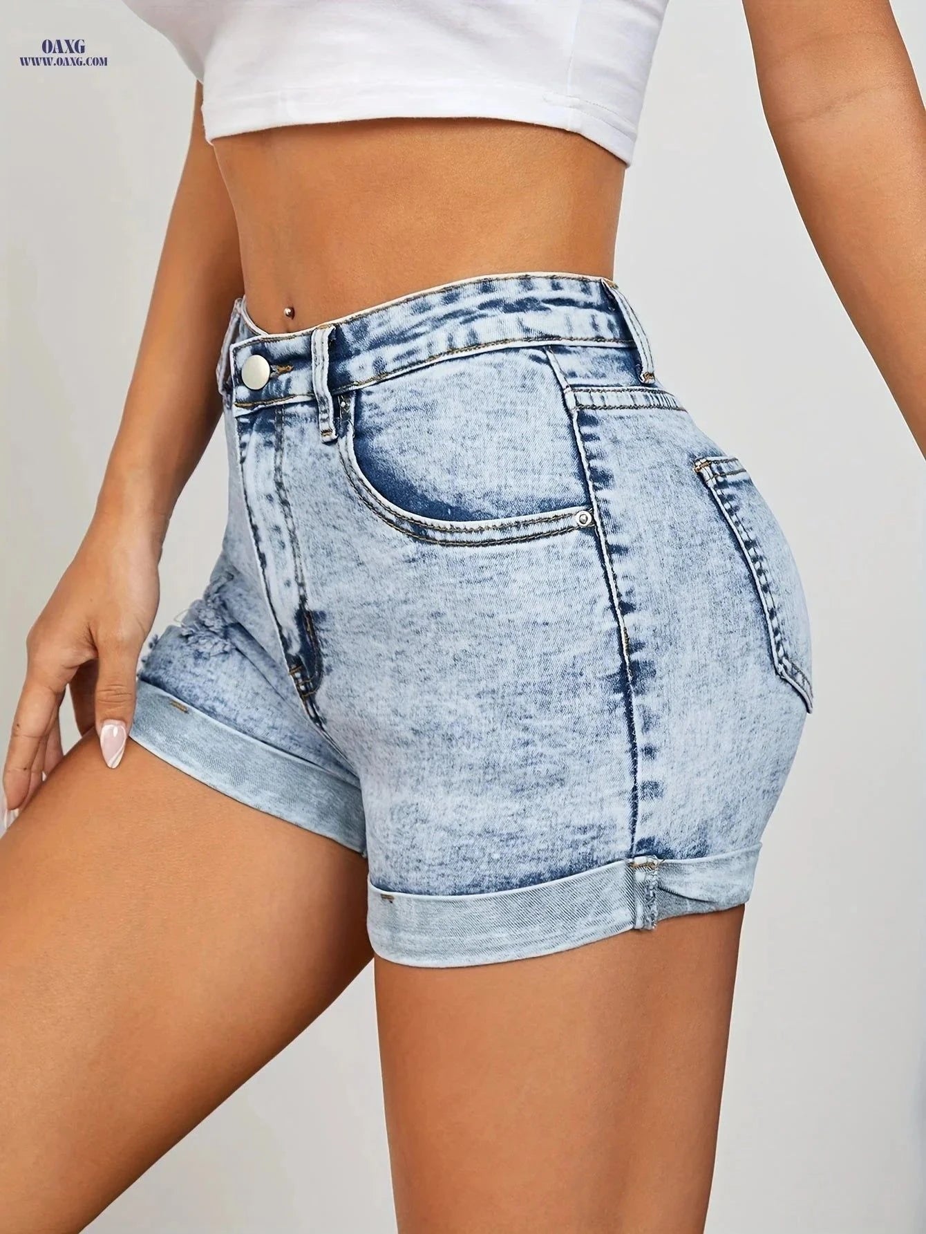 Sexy Frayed Vintage Denim Shorts with Distressed Holes - Casual Look   OAXG Light Blue / XS