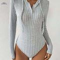 Sexy Hooded Ribbed Bodysuit - Drawstring Details for Fall/Winter   OAXG 