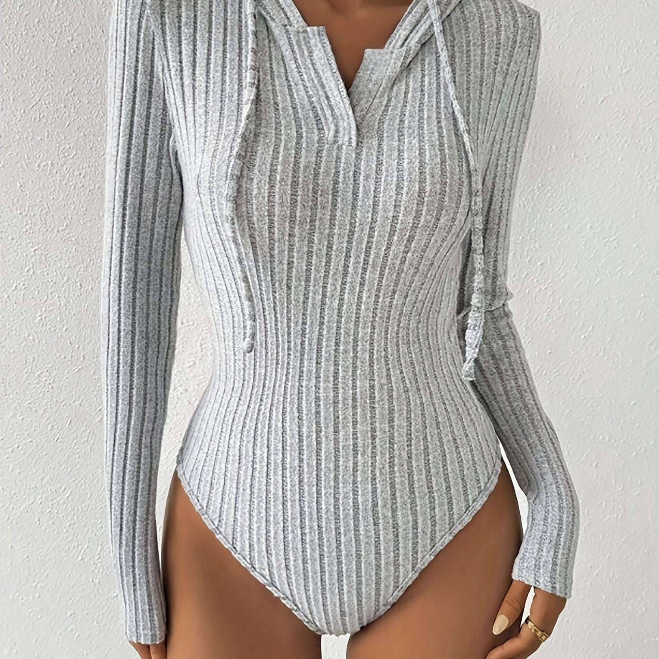 Sexy Hooded Ribbed Bodysuit - Mid Elasticity, Solid Color Design   OAXG 