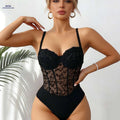 Sexy Lace Fishbone Bodysuit - V-neck Solid Color Top   OAXG 