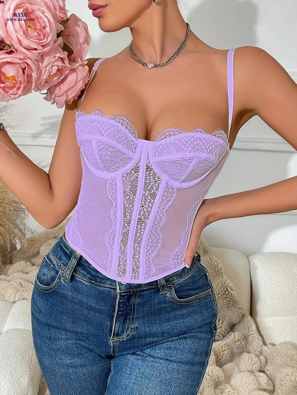 Sexy Lace Fitted Tank Top - V-Neck, Sleeveless, Solid Color   OAXG Black / XS
