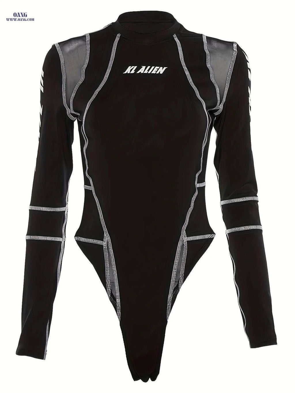 Sexy Mesh Spliced Top for Women - Long Sleeve & Letter Print   OAXG Black / S
