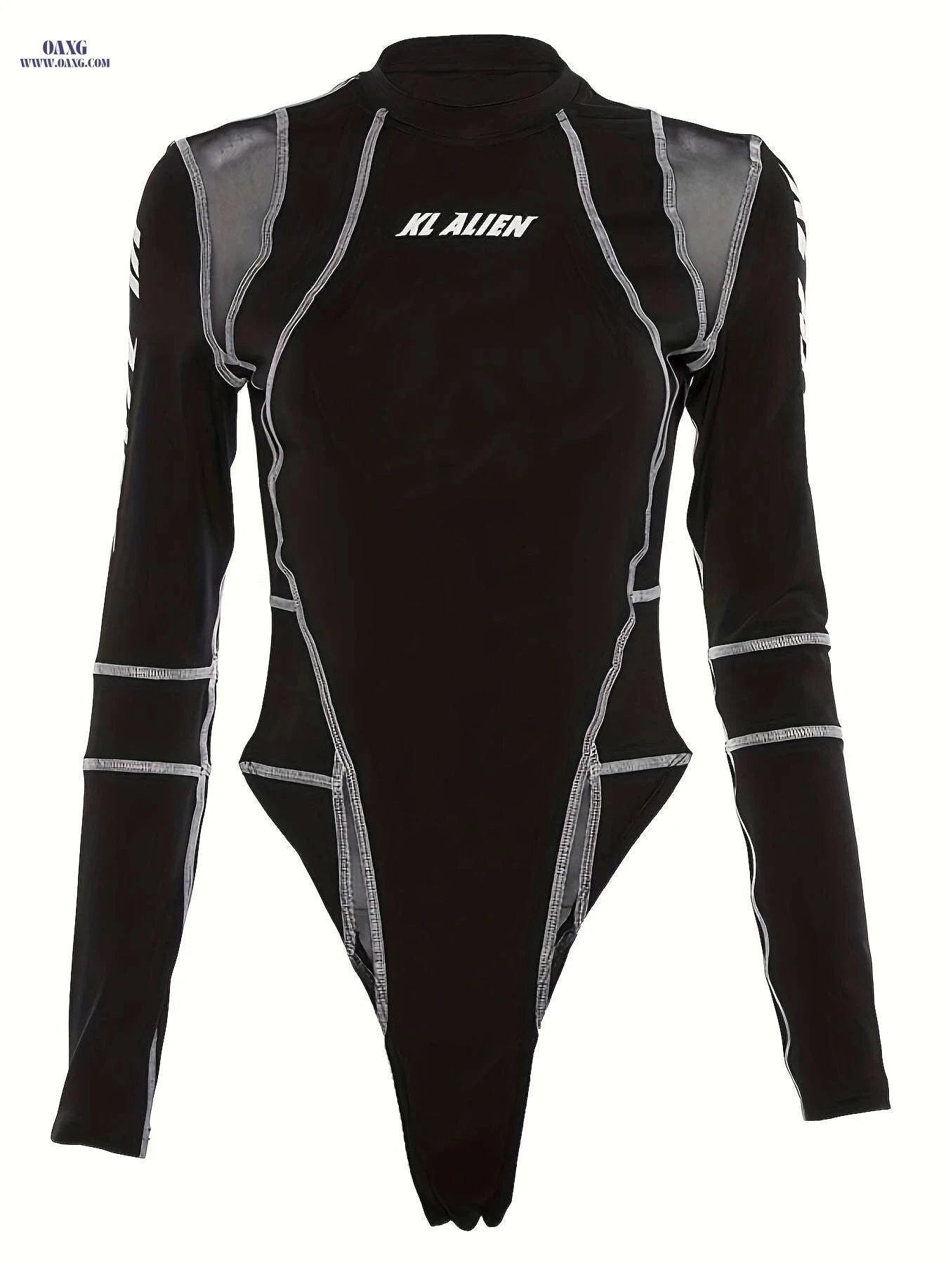 Sexy Mesh Spliced Top for Women - Long Sleeve & Letter Print   OAXG Black / S
