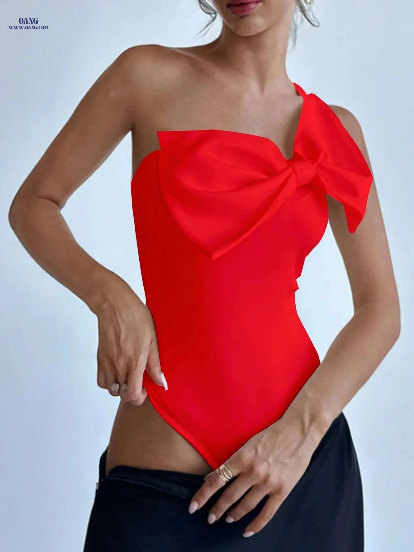 Sexy One-Shoulder Bodysuit - Black Knit with Sparkling Stars Bow   OAXG White / XS