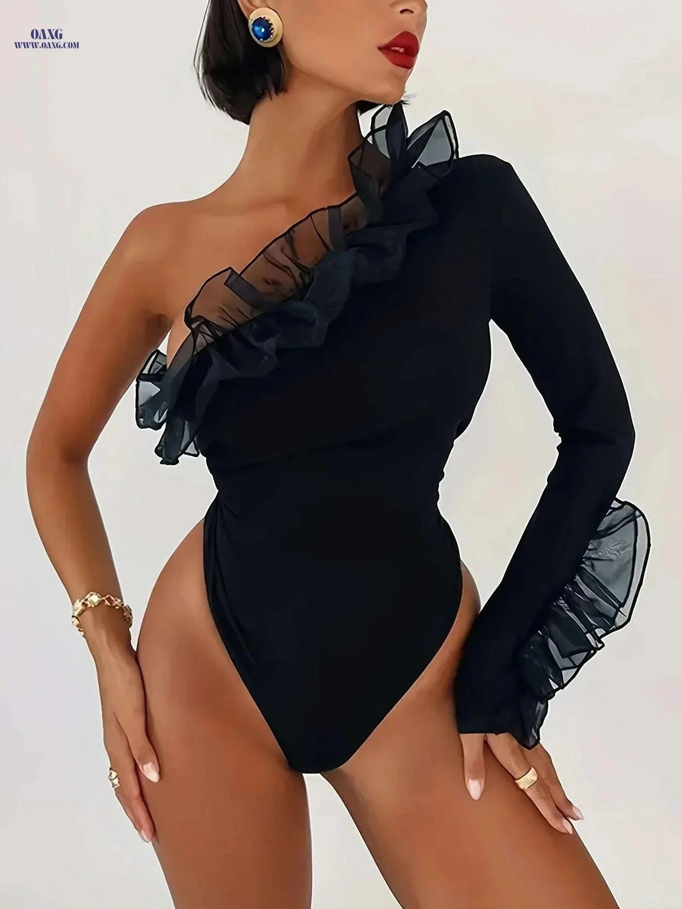 Sexy One Shoulder Ruffled Lace Trim Bodysuit - Black All-Season Top   OAXG Black / XS