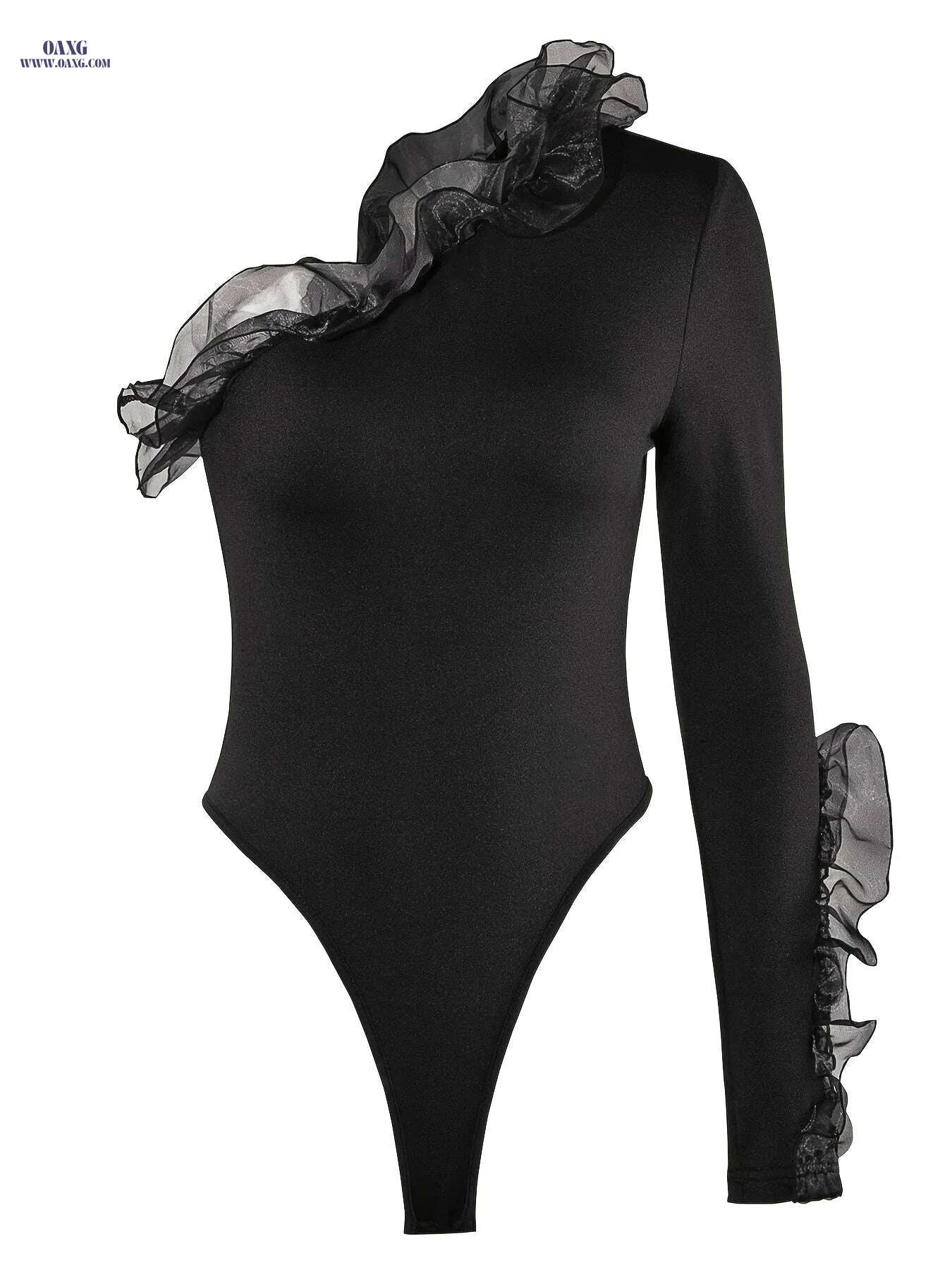 Sexy One Shoulder Ruffled Lace Trim Bodysuit - Black All-Season Top   OAXG Black / XS