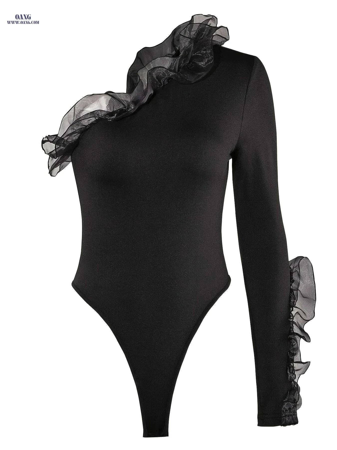 Sexy One Shoulder Ruffled Lace Trim Bodysuit - Black All-Season Top   OAXG Black / XS