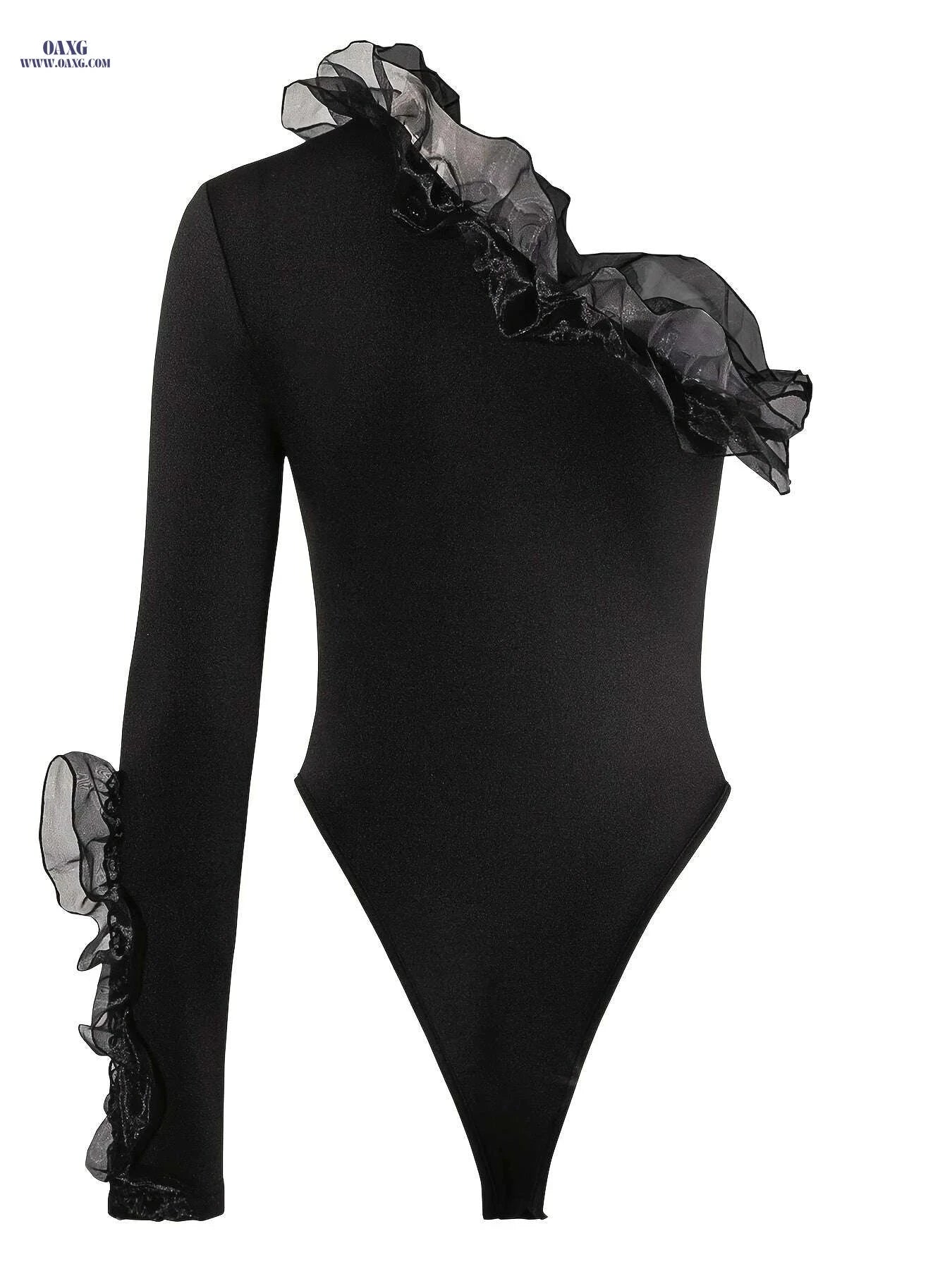 Sexy One Shoulder Ruffled Lace Trim Bodysuit - Black All-Season Top   OAXG Black / XS
