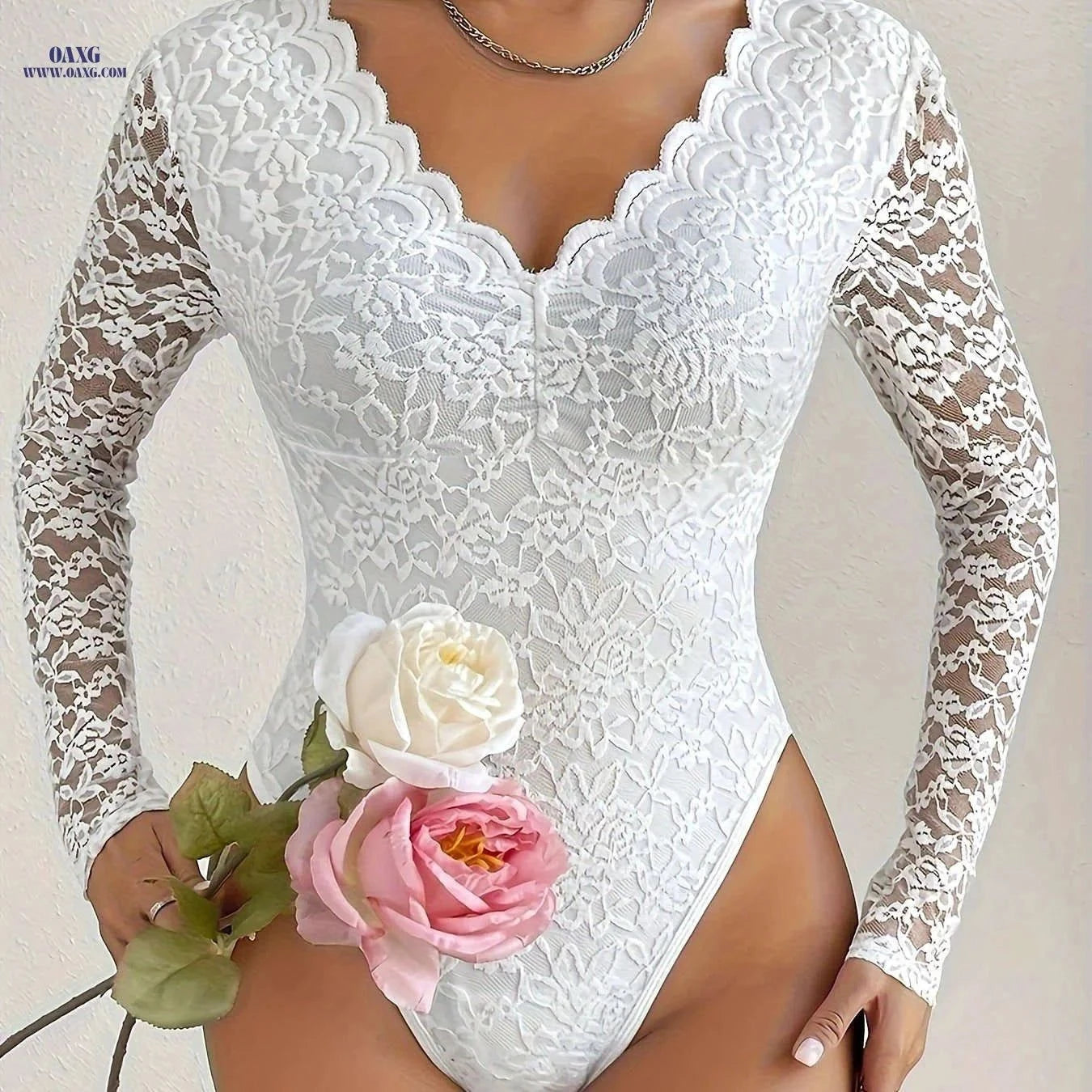 Sexy Solid Color Lace Long Sleeve Bodysuit - Mid Elastic Skinny Fit   OAXG Black / XS