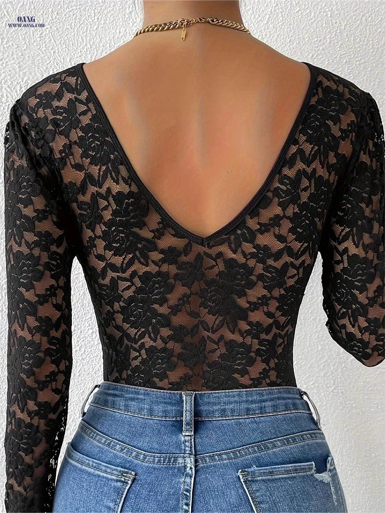 Sexy Solid Color Lace Long Sleeve Bodysuit - Mid Elastic Skinny Fit   OAXG Black / XS