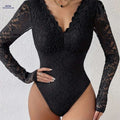Sexy Solid Color Lace Long Sleeve Bodysuit - Mid Elastic Skinny Fit   OAXG Black / XS