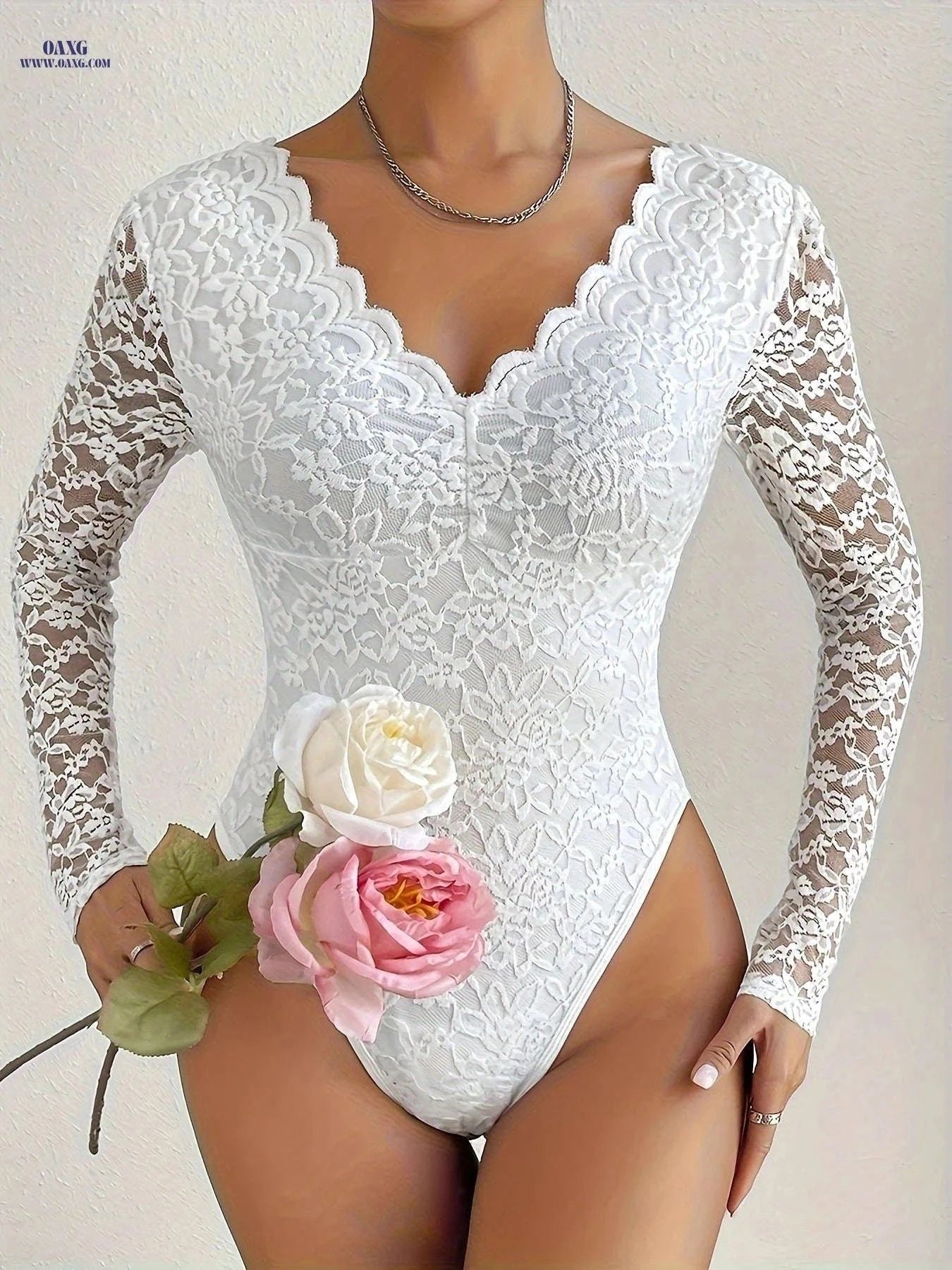 Sexy Solid Color Lace Long Sleeve Bodysuit - Mid Elastic Skinny Fit   OAXG Black / XS