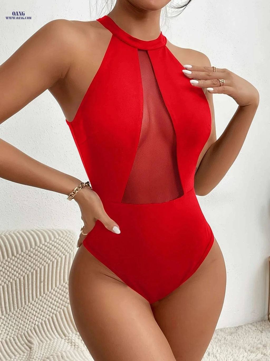 Sexy Stretchy Bodycon Jumpsuit - Halter Neck, Backless & Mesh Panel   OAXG Black / XS