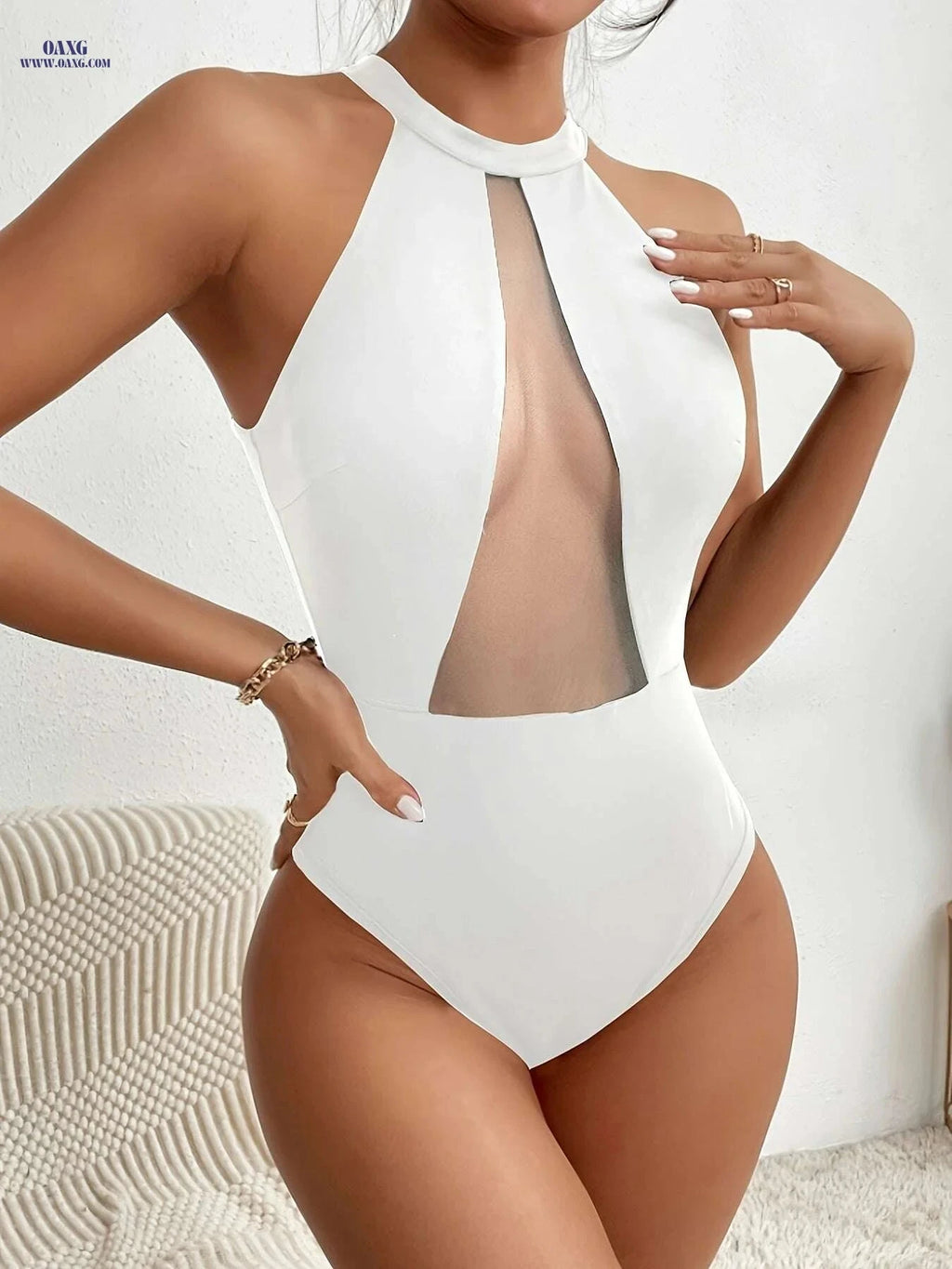 Sexy Stretchy Bodycon Jumpsuit - Halter Neck, Backless & Mesh Panel   OAXG Black / XS