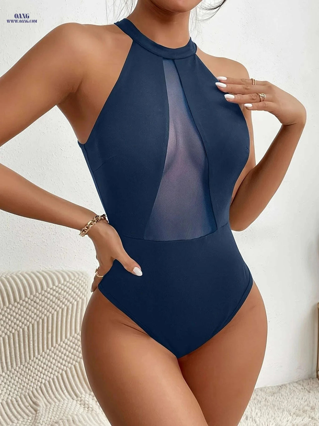 Sexy Stretchy Bodycon Jumpsuit - Halter Neck, Backless & Mesh Panel   OAXG 
