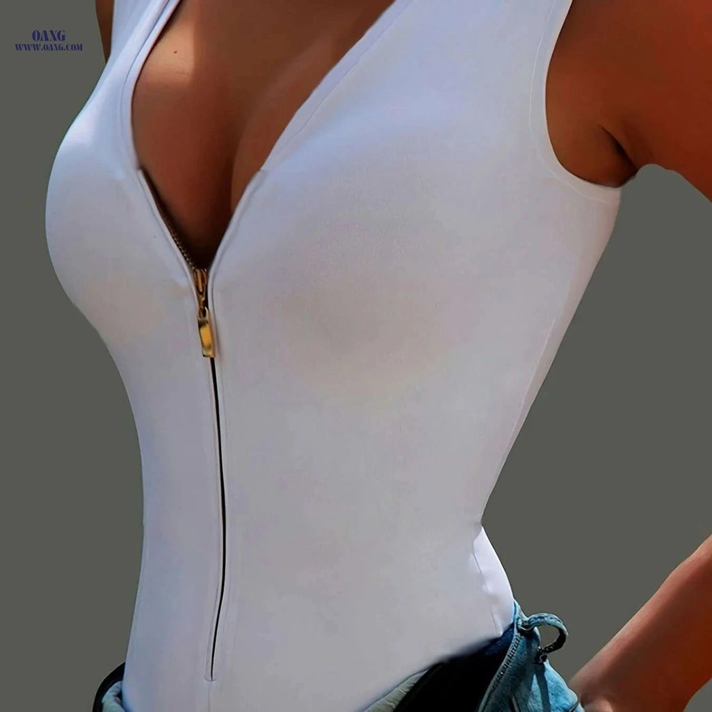 Sexy V Neck Bodycon Bodysuit for Women - Sleeveless Zipper Style   OAXG White / XS