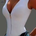 Sexy V Neck Bodycon Bodysuit for Women - Sleeveless Zipper Style   OAXG White / XS