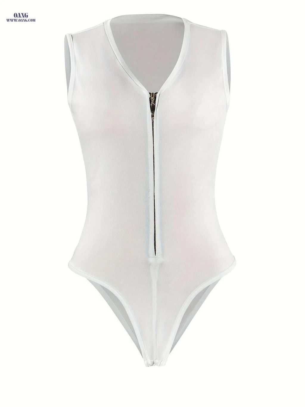 Sexy V Neck Bodycon Bodysuit for Women - Sleeveless Zipper Style   OAXG White / XS
