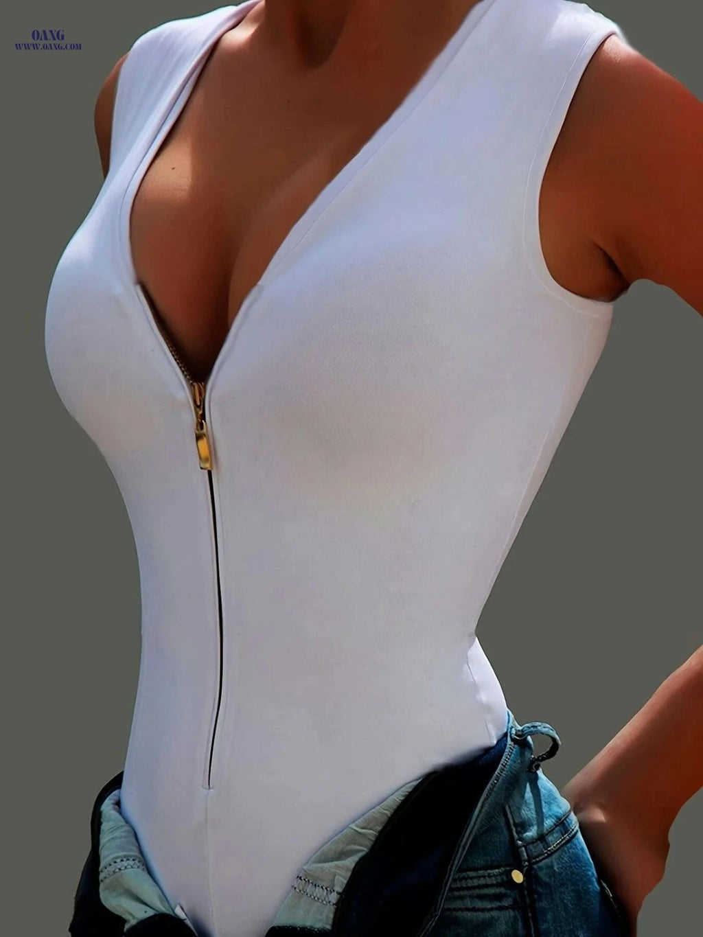 Sexy V Neck Bodycon Bodysuit for Women - Sleeveless Zipper Style   OAXG White / XS