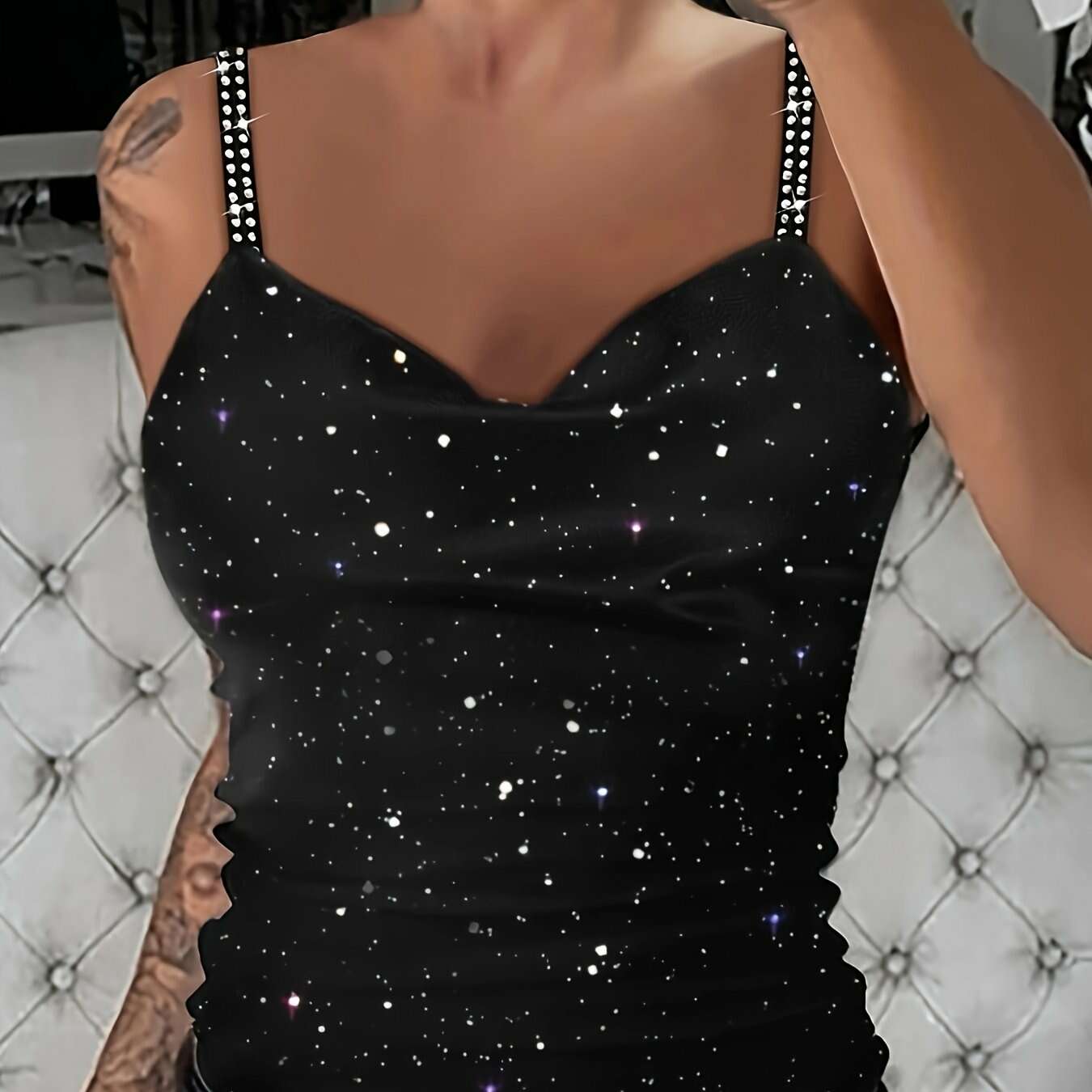 Sexy Women's Sparkly Rhinestone Tank Top - V-Neck Glitter Style   OAXG Black / S