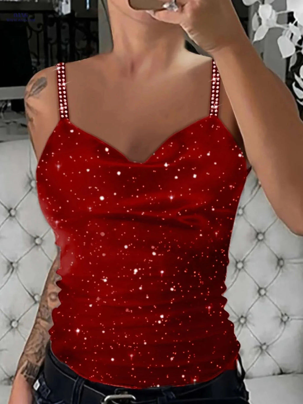 Sexy Women's Sparkly Rhinestone Tank Top - V-Neck Glitter Style   OAXG Black / S