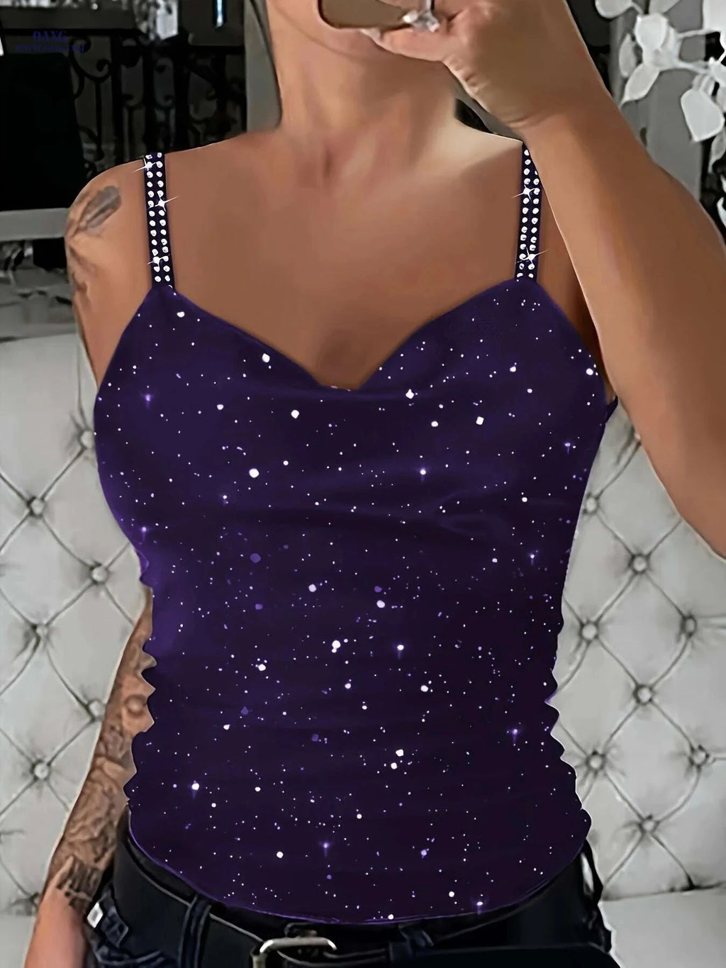 Sexy Women's Sparkly Rhinestone Tank Top - V-Neck Glitter Style   OAXG Black / S