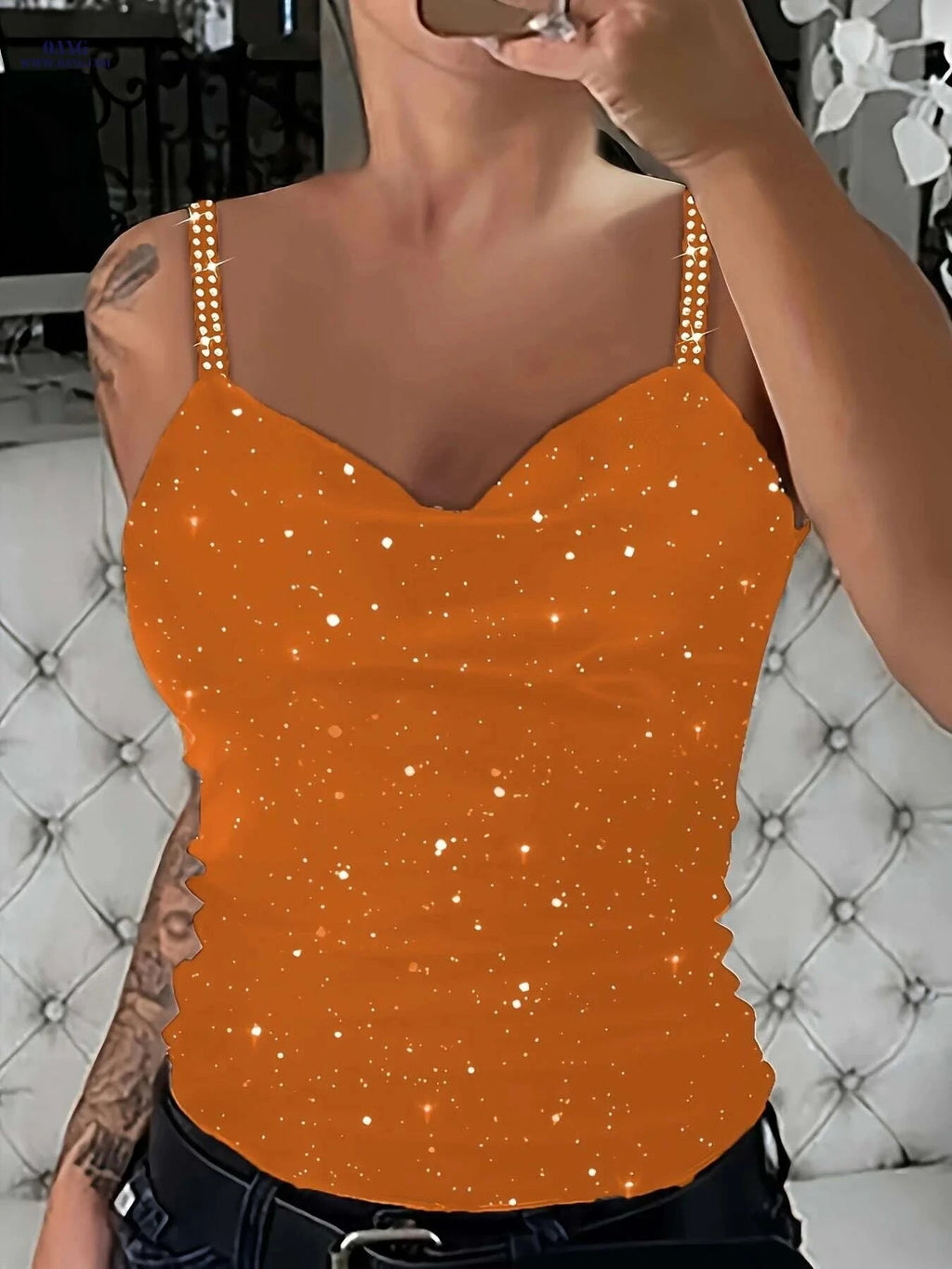 Sexy Women's Sparkly Rhinestone Tank Top - V-Neck Glitter Style   OAXG Black / S