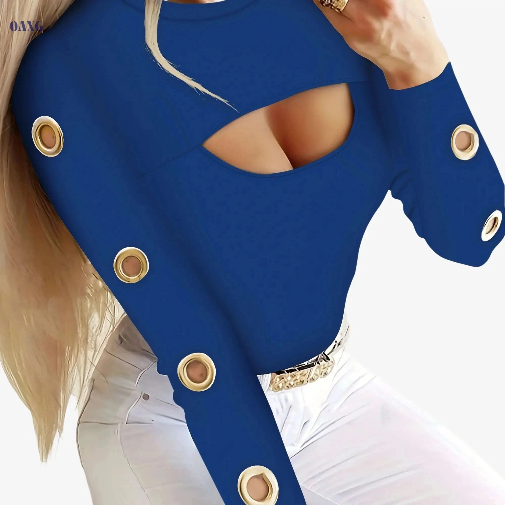 Sexy Yellow Long Sleeve T-Shirt for Women - Cut-Out Details, Casual Style   OAXG 