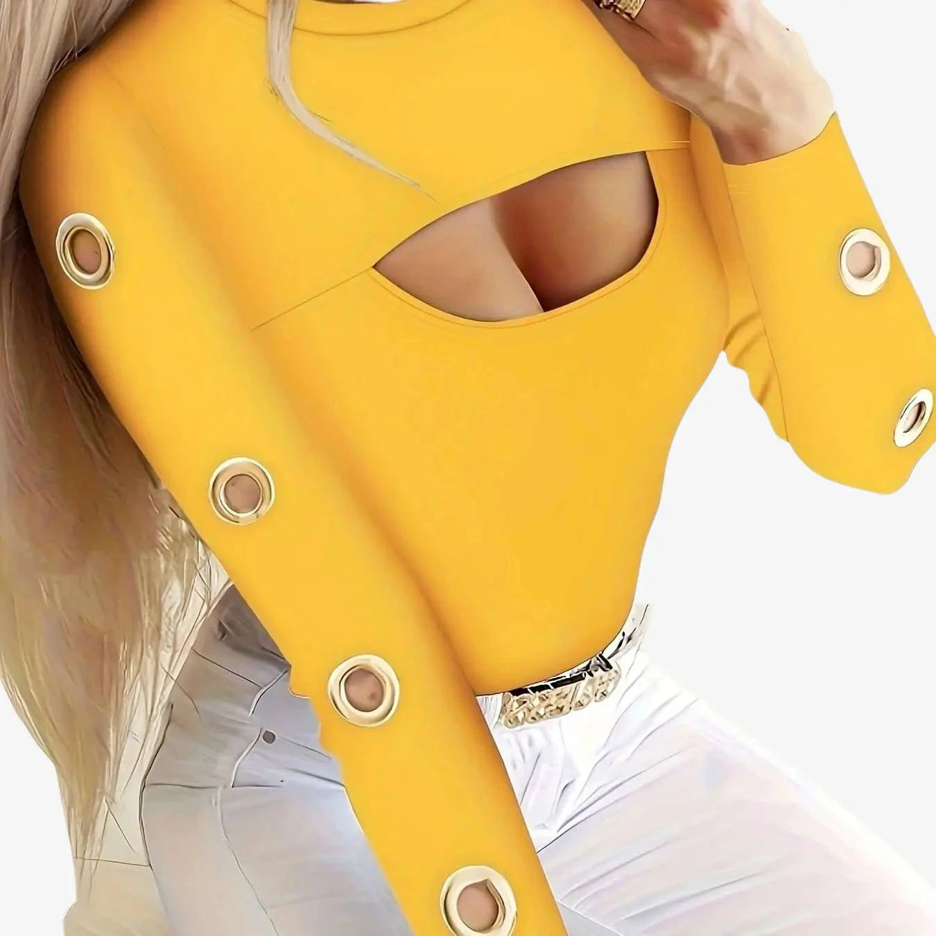 Sexy Yellow Long Sleeve T-Shirt for Women - Cut-Out Details, Casual Style   OAXG 
