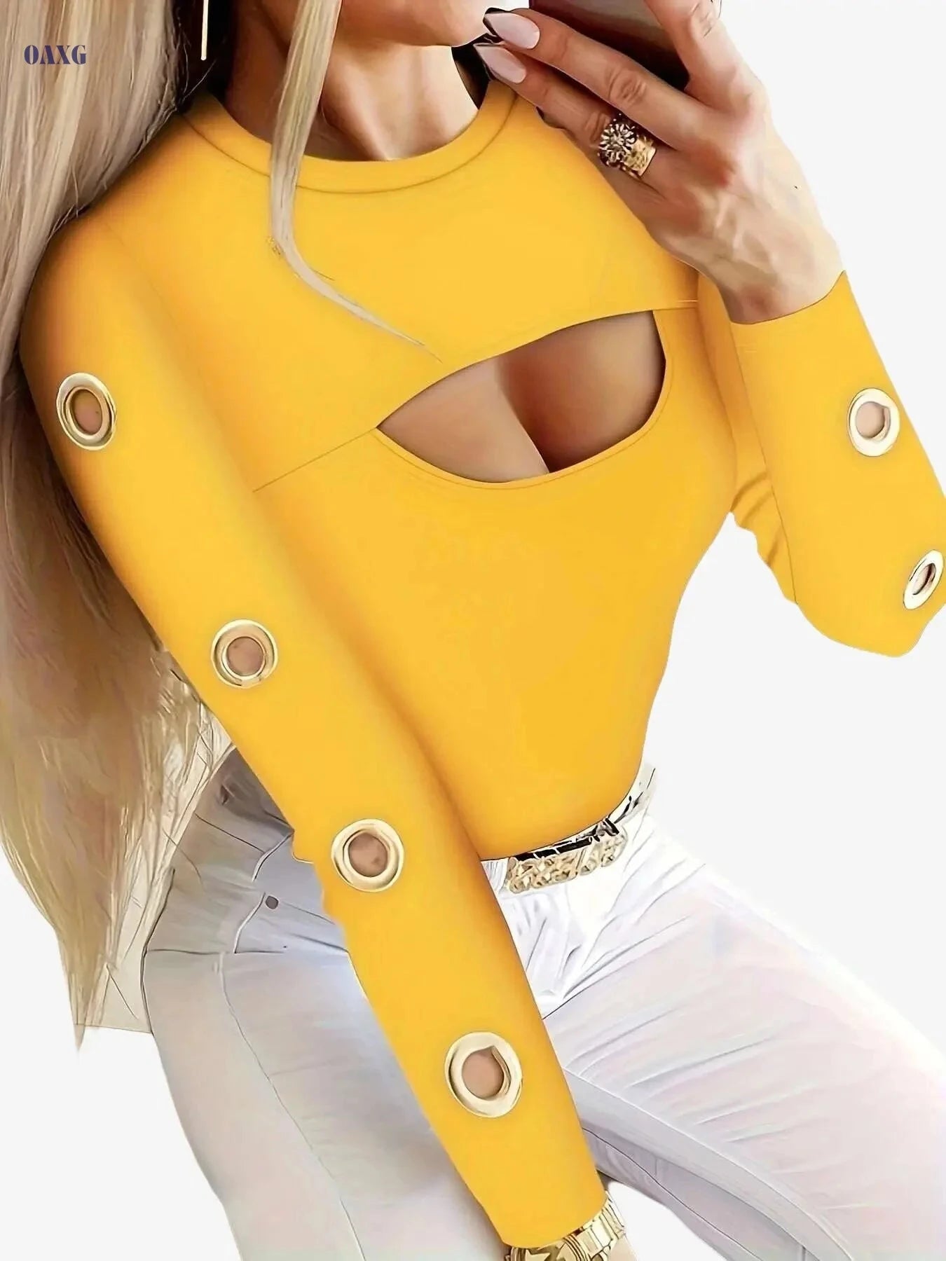 Sexy Yellow Long Sleeve T-Shirt for Women - Cut-Out Details, Casual Style   OAXG Black / S