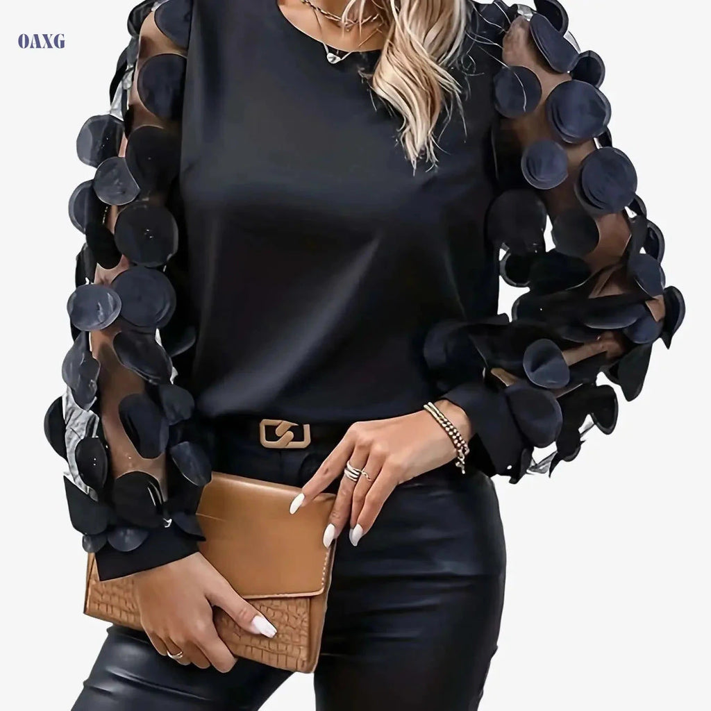 Shangyue Semi-Sheer Mesh Sleeve Shirt - Elegant Spring Fashion   OAXG Black / S