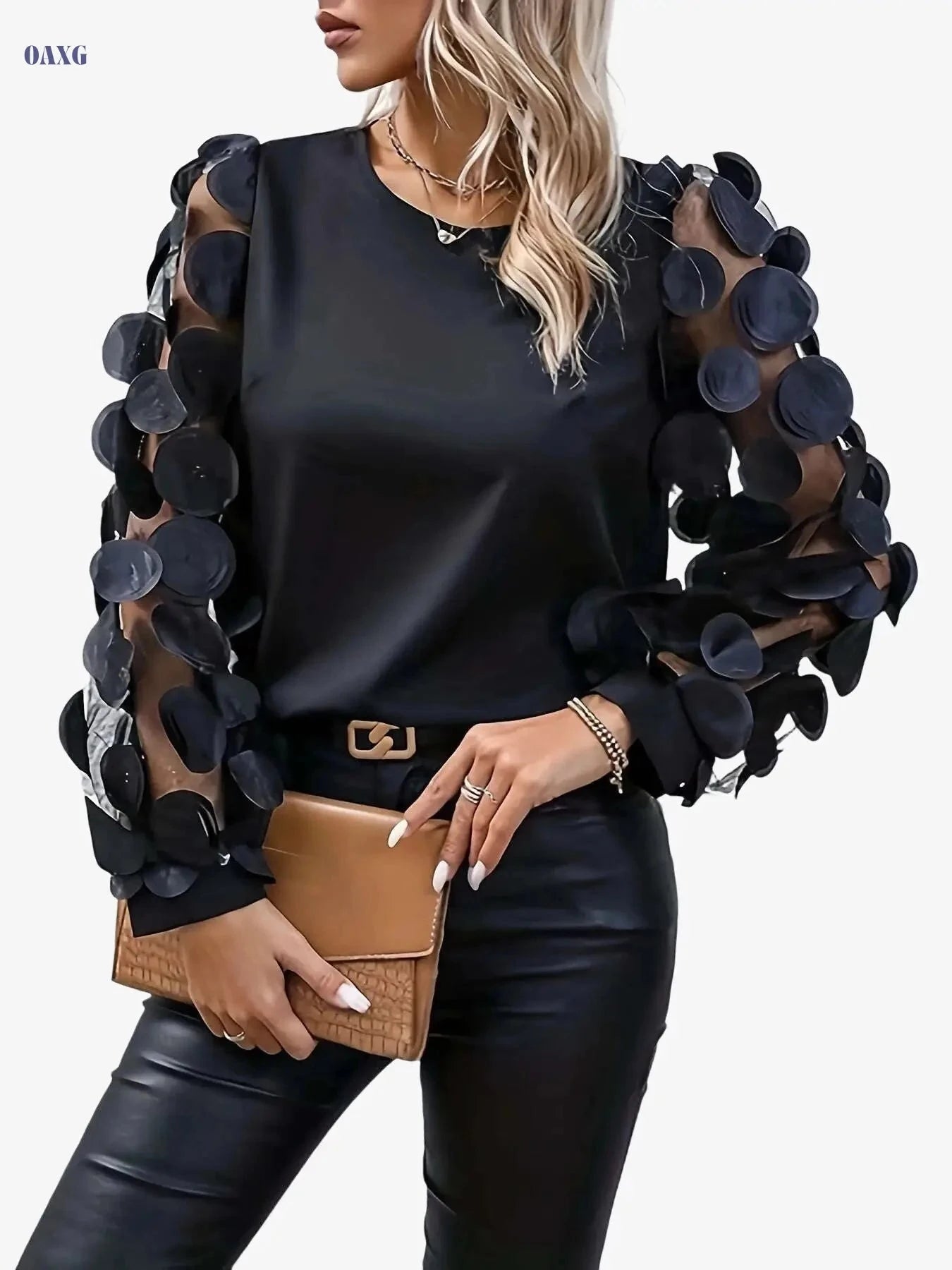 Shangyue Semi-Sheer Mesh Sleeve Shirt - Elegant Spring Fashion   OAXG Black / S